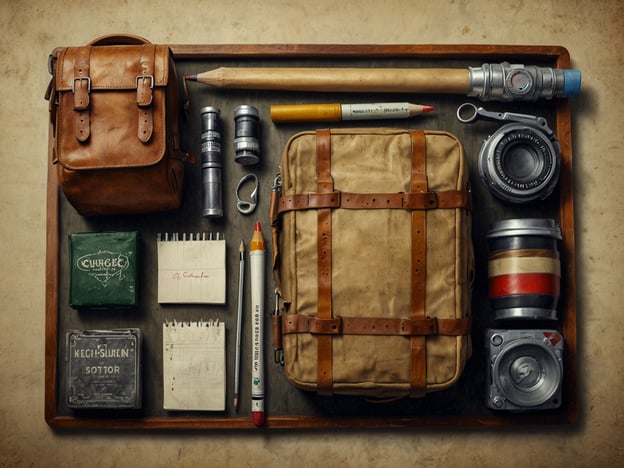 Auf dem Bild ist eine Zusammenstellung von verschiedenen Gegenständen zu sehen, die für eine Reise oder ein Abenteuer nützlich sein könnten. Die Ausrüstung umfasst:- Eine braune Ledertasche, die ideal für das Verstauen von Utensilien ist.- Mehrere Notizblöcke, die für Notizen oder Skizzen verwendet werden können.- Verschiedene Schreibgeräte, darunter einen Bleistift und Buntstifte.- Eine Art von Kamera oder Objektiv, möglicherweise für fotografische Zwecke.- Ein paar Teleskope oder Ferngläser für die Observation.- Weitere kleine Utensilien, wie möglicherweise ein Werkzeug oder eine spezielle Ausrüstung.Die Vorbereitung scheint auf ein kreatives oder exploratives Vorhaben abzuzielen, ausgestattet mit allem, was nötig ist, um Ideen festzuhalten oder die Umgebung zu erkunden.