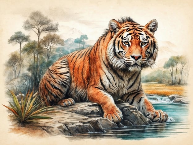 Auf dem Bild ist ein majestätischer Tiger zu sehen, der neben einem Gewässer sitzt. Seine auffälligen orangen und schwarzen Streifen sowie seine muskulöse Körperhaltung zeigen ihn als eindrucksvolles Raubtier, das in vielen Kulturen als Symbol für Stärke und Mut gilt.In der Geschichte des Wildparks sind Tiere wie der Tiger oft zentrale Figuren. Wildparks wurden geschaffen, um bedrohte Arten zu züchten und zu schützen sowie das Bewusstsein für den Naturschutz zu fördern. Durch solche Einrichtungen haben viele Tiere, einschließlich des Tigers, eine Chance auf Erhalt und Aufzucht in einer geschützten Umgebung, die ihre natürlichen Lebensräume nachahmt. Diese Parks spielen eine entscheidende Rolle in der Bildung der Öffentlichkeit und im Schutz der biologischen Vielfalt.