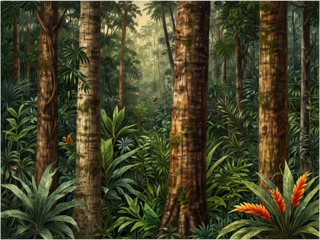Das Bild zeigt eine üppige, tropische Landschaft, die typisch für den Cusuco Nationalpark ist. Hier findet man eine reiche Vielfalt an Flora und Fauna. Die majestätischen Bäume mit ihren dichten Stämmen bilden eine schützende Kulisse für zahlreiche Pflanzenarten.Die Vielfalt der Pflanzen, darunter große Blätter und farbenfrohe Blüten, ist beeindruckend. Es könnte sich auch um Vögel oder andere Tiere handeln, die sich zwischen den Pflanzen verstecken, was die Tierwelt des Parks verdeutlicht. Cusuco ist bekannt für seine einzigartigen Ökosysteme, in denen viele endemische Arten leben. Die Kombination aus üppigem Grün und vielfältigen Lebensräumen macht diesen Park zu einem besonderen Ort für Naturliebhaber und Forscher.