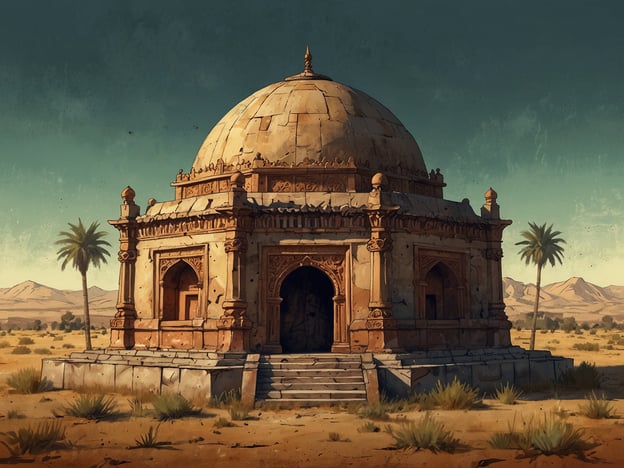 Auf dem Bild ist eine kunstvolle Grabstätte zu sehen, die durch ihre beeindruckende Architektur gekennzeichnet ist. Der Bau weist eine kuppelförmige Decke auf, die von einer harmonischen Anordnung ornamentaler Verzierungen umgeben ist.Die Fassade ist reich mit skulpturalen Elementen und Bögen gestaltet, was auf einen hohen handwerklichen Einfluss hinweist. Die Verwendung von Stein und die Symmetrie der Struktur sind typisch für historische Grabstätten, die oft zur Ehrung bedeutender Persönlichkeiten errichtet wurden.Umgeben von einer offenen Wüstenlandschaft deutet die rauhe Umgebung auf eine gewisse Isoliertheit der Grabstätte hin, während die Palmen im Vordergrund einen Kontrast zur Steinarchitektur bilden und eine mühelose Harmonie zwischen Natur und menschlichem Schaffen schaffen.