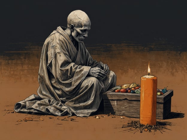 Auf dem Bild ist eine stilisierte Figur zu sehen, die in einer nachdenklichen Pose kniet und vor einem Altar oder einer kleinen Plattform sitzt. Darauf liegen verschiedene Früchte und ein brennende Kerze, die oft Teil von Begräbnisritualen und Trauerfeiern sind.In vielen Kulturen werden Lebensmittel und Kerzen auf den Gräbern oder Altären aufgestellt, um den Verstorbenen zu ehren und ihnen auf ihrer Reise ins Jenseits etwas von der Welt der Lebenden mitzugeben. Zum Beispiel wird in Mexiko während des „Día de los Muertos“ (Tag der Toten) ein reichhaltiges Angebot an Speisen, Blumen und Kerzen bereitgestellt, um die Seelen der Vorfahren zu feiern und zu erinnern.Die Szenerie könnte auch eine meditative Betrachtung des Lebens und des Todes darstellen, was in verschiedenen Traditionen und Philosophien eine wichtige Rolle spielt. Das Licht der Kerze symbolisiert oft die Hoffnung und das Licht, das die Toten auf ihrem Weg begleiten soll.