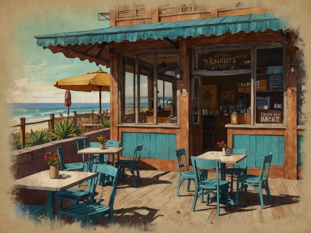 Auf dem Bild ist ein malerisches Café zu sehen, das an der Küste von Santa Bárbara liegt. Es hat eine entspannte Atmosphäre mit blauen Stühlen und Tischen auf der Terrasse, die eine schöne Aussicht auf den Ozean bietet.Die Kaffeekultur in Santa Bárbara ist lebhaft und vielfältig, geprägt von kleinen, unabhängigen Cafés, die oft Bio-Kaffee und lokale Spezialitäten anbieten. Viele dieser Orte legen Wert auf Nachhaltigkeit und beziehen ihre Bohnen aus umweltfreundlichen Quellen. Besucher genießen nicht nur die hervorragenden Kaffeevariationen, sondern auch die entspannte, kalifornische Lebensweise, oft umgeben von wunderschöner Natur.
