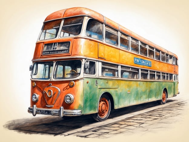 Auf dem Bild ist ein klassischer Doppeldeckerbus zu sehen, der in lebhaften Farben, insbesondere in Orange und Grün, lackiert ist. Der Bus hat einen nostalgischen Charme und könnte Gefühle von Reisen in der Vergangenheit hervorrufen. Besucher könnten sich vorstellen, wie sie mit Freunden oder Familie auf einer Stadtrundfahrt sitzen, die Aussicht genießen und die Atmosphäre der Stadt erleben.Die Detailtreue und das handgezeichnete Aussehen des Bildes verleihen ihm eine künstlerische Note, die zum Verweilen und Träumen einlädt. Viele könnten an die guten alten Zeiten des öffentlichen Verkehrs denken und wie der Bus Teil von Erinnerungen an unbeschwerte Tage war.