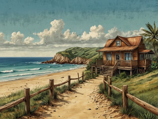 Auf dem Bild ist eine malerische Strandlandschaft mit einem traditionellen Holzhaus zu sehen. Der Strand erstreckt sich sanft entlang des Wassers, wo die Wellen sanft an die Küste schlagen. Es gibt einen schmalen Pfad, der zum Haus führt, umgeben von Gras und einem Holzzaun.Vor Ort könnte man verschiedene Aktivitäten genießen:1. **Schwimmen und Entspannen**: Man könnte im Meer schwimmen oder einfach am Strand liegen und die Sonne genießen.2. **Spaziergänge**: Der Strand bietet sich für lange Spaziergänge an, um die Natur und die frische Luft zu genießen.3. **Picknicken**: Man könnte ein Picknick auf der Veranda des Hauses veranstalten oder am Strand.4. **Angeln**: In der Nähe des Wassers könnte man angeln und die Ruhe genießen.5. **Natur beobachten**: Die Umgebung lädt dazu ein, Vögel und andere Tiere zu beobachten, die oft in Küstennähe zu finden sind.Diese idyllische Kulisse bietet zahlreiche Möglichkeiten für Erholung und Abenteuer in der Natur.