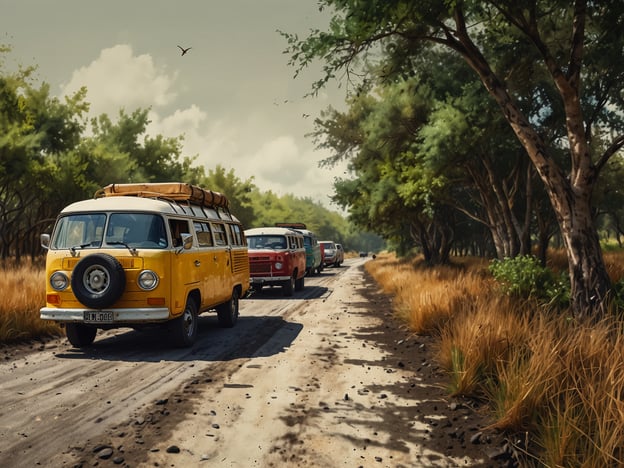 Auf dem Bild sind mehrere farbige Vans zu sehen, die auf einem unebenen Weg durch eine naturnahe Landschaft fahren. Diese Szene könnte als Beispiel für nachhaltigen Tourismus interpretiert werden, da Reiseformen, die die Erkundung von Naturgebieten fördern, oft den Fokus auf den Schutz der Umwelt legen.Nachhaltiger Tourismus zielt darauf ab, die natürliche Umgebung zu bewahren und gleichzeitig den Reisenden die Möglichkeit zu geben, die Schönheit der Natur zu erleben. Die Fahrzeuge könnten darauf hinweisen, dass die Touristen verantwortungsbewusst reisen und lokale Wege nutzen, anstatt große Straßen oder schützenswerte Gebiete zu belasten. Solche Praktiken tragen dazu bei, die natürliche Atmosphäre zu bewahren und die Biodiversität zu schützen.