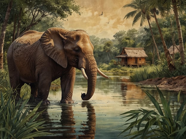 Auf dem Bild ist ein Elefant zu sehen, der in einem Gewässer steht, umgeben von üppiger Vegetation und palmengesäumten Ufern. Im Hintergrund sind traditionelle Holzhäuser sichtbar, die in der Natur eingebettet sind.Im Kontext des nachhaltigen Tourismus in La Mosquitia könnte diese Szene symbolisch für den Schutz und die Wertschätzung der natürlichen Schönheit und der Wildtiere dieser Region stehen. Nachhaltiger Tourismus fördert den Erhalt der einzigartigen Tierwelt, wie der Elefant, und trägt zur Verbesserung der Lebensbedingungen der lokalen Bevölkerung bei, indem er umweltfreundliche Praktiken und den Respekt vor der Natur in den Vordergrund stellt. Solche Szenen können Touristen anziehen, die an Ökotourismus interessiert sind und die Erfahrung suchen, die natürliche Schönheit und Artenvielfalt von La Mosquitia hautnah zu erleben.