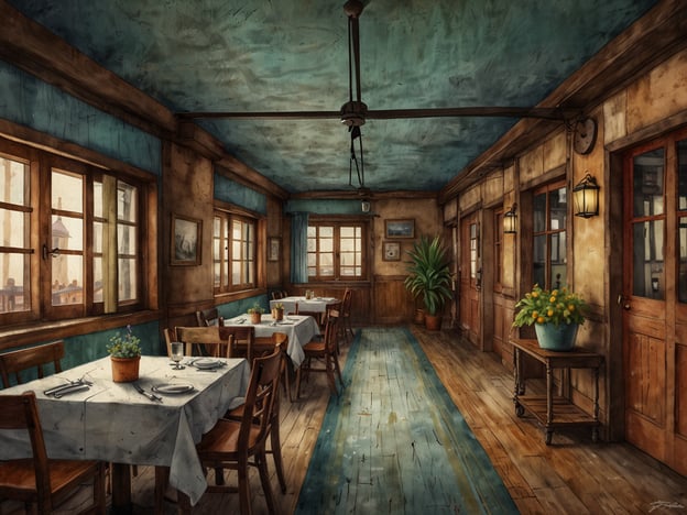 Auf dem Bild ist ein einladendes Restaurant zu sehen, das mit Holzfarben und einem rustikalen Design gestaltet ist. Die Tische sind elegant gedeckt und laden dazu ein, lokale Spezialitäten zu genießen.Die Fenster bieten einen Blick auf die Umgebung, was dem Raum eine gemütliche Atmosphäre verleiht. Die Raumgestaltung mit Pflanzen und den warmen Farben schafft eine entspannte Umgebung, die perfekt für ein Mittag- oder Abendessen ist. Dieses Restaurant könnte auch eine Verbindung zu lokalen Unterkünften haben, die den Gästen authentische Gastronomieerlebnisse bieten.