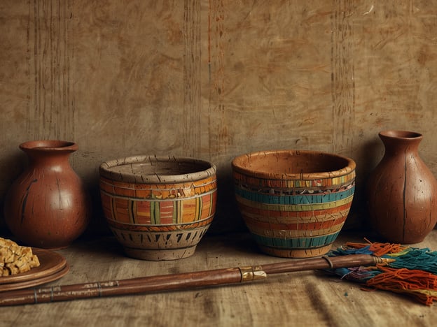 Auf dem Bild sind verschiedene traditionelle Töpferwaren und dekorative Gegenstände zu sehen, die möglicherweise mit der Kultur der Lenca in Mittelamerika in Verbindung stehen. Die Lenca sind bekannt für ihre meisterhafte Töpferkunst, die oft farbenfrohe und komplexe Muster aufweist.Die Töpfe und Schalen, die hier dargestellt sind, spiegeln die handwerklichen Fähigkeiten der Lenca wider, die nicht nur für ihren funktionalen Einsatz, sondern auch für ihre ästhetische Gestaltung geschätzt werden. Oft werden diese Gefäße für die Aufbewahrung von Nahrungsmitteln oder zur Zubereitung von traditionellen Gerichten verwendet.Zusätzlich spielt die Natur in der Lenca-Kultur eine zentrale Rolle, was sich in den verwendeten Materialien und den Motiven, die oft die Umwelt darstellen, niederschlägt. Die Farben und Muster auf den Töpfen könnten auch die rituellen Bräuche oder die spirituellen Überzeugungen der Lenca widerspiegeln, die tief mit ihrer Geschichte und Identität verbunden sind. Die Verwendung von natürlichen Farbpigmenten und die Handwerkskunst zeigen die enge Verbindung der Lenca zur Erde und ihren Ressourcen.