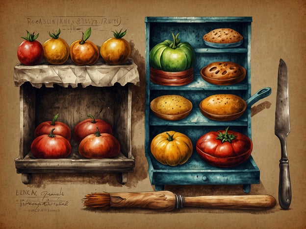 Auf dem Bild sind verschiedene Lebensmittel und Utensilien zu sehen, die typisch für die kulinarischen Entdeckungen der Lenca-Küche sein könnten.Oben auf einem Holzregal liegen mehrere Farben von Tomaten und eine grüne Paprika, die frische Zutaten darstellen. Darunter befinden sich weitere Tomaten und eine Vielfalt an kleinen, runden Backwaren, die auf traditionelle Backtechniken hinweisen. Neben dem Regal ist ein Küchenmesser platziert, was die Zubereitung dieser frischen Zutaten symbolisieren könnte.Die Komposition spiegelt die Verbindung der Lenca-Kultur zu landwirtschaftlichen Produkten und handwerklichem Kochen wider, wichtig für ihre kulinarische Identität.