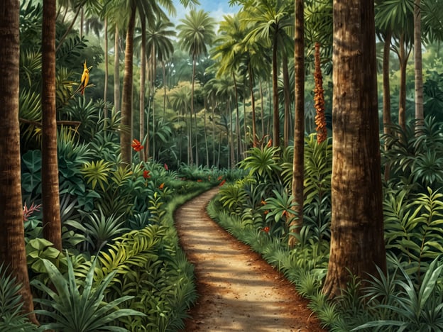 Auf dem Bild ist ein malerischer Waldweg zu sehen, der von üppiger tropischer Vegetation gesäumt ist. Die hohen Palmen und bunten Pflanzen schaffen eine faszinierende Atmosphäre, die perfekt für Naturfreunde ist.In Lancetilla können Sie Aktivitäten wie Vogelbeobachtung, Wandern und das Erkunden der lokalen Flora und Fauna genießen. Der Weg lädt dazu ein, die vielfältige Natur hautnah zu erleben und die Ruhe des tropischen Paradieses zu genießen.