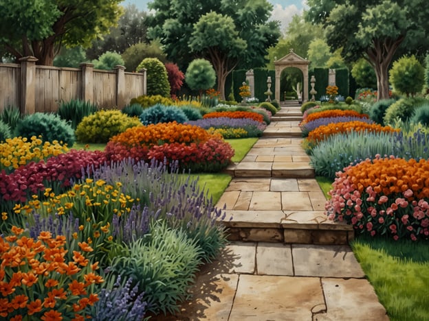 Auf dem Bild ist ein wunderschöner Garten zu sehen, der reichhaltig mit einer Vielzahl von Blumen und Pflanzen gestaltet ist. Der Garten ist mit bunten Blumenbeeten verschiedenen Farben, darunter Orange, Lila und Rot, gesäumt. Ein gepflasterter Weg führt durch die Mitte des Gartens und wird von üppigem Grün und Sträuchern flankiert. Am Ende des Weges steht ein elegantes Tor oder Pavillon, das den Raum beeindruckend abschließt.Die Geschichte und Entwicklung von Gärten kann in diesem Bild besonders gut veranschaulicht werden. Gärten haben seit Jahrtausenden eine zentrale Rolle in der menschlichen Zivilisation gespielt, angefangen bei den hängenden Gärten von Babylon bis hin zu den klassisch gestalteten Gärten der Renaissance. Dieser Garten könnte als ein Beispiel für die Nachwirkungen dieser Traditionen angesehen werden, indem er sowohl ästhetische als auch funktionelle Elemente vereint und den Menschen einen Ort der Ruhe und der Verbindung zur Natur bietet. Gärten sind Orte, an denen Kunst und Natur harmonisch zusammenkommen, was in diesem Bild deutlich zum Ausdruck kommt.