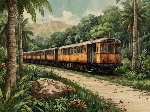 Auf dem Bild ist eine alte Lokomotive auf einer Schienenstrecke inmitten einer üppigen tropischen Landschaft zu sehen. Um die Lokomotive herum wachsen viele Pflanzen und Bäume, was die natürliche Schönheit der Umgebung hervorhebt.Im Kontext von Nachhaltigkeit und Naturschutz im Lancetilla, einem bekannten botanischen Garten in Honduras, könnte dieses Bild die Bedeutung des Erhalts solcher natürlichen Habitaten symbolisieren. Die Erhaltung der Biodiversität und die Implementierung nachhaltiger Praktiken sind entscheidend, um die einzigartigen Ökosysteme, wie sie im Lancetilla zu finden sind, zu schützen. Ein umweltfreundlicher öffentlicher Verkehr, wie Züge, kann zudem dazu beitragen, die negative Umweltbelastung durch den Individualverkehr zu reduzieren und somit einen Beitrag zum Naturschutz zu leisten.
