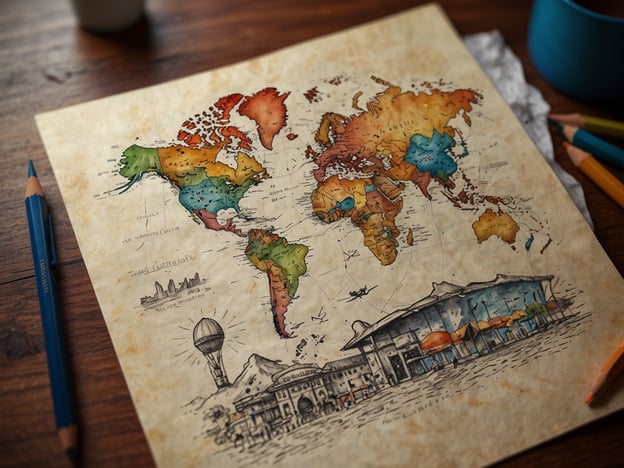 Auf dem Bild ist eine detaillierte, farbenfrohe Weltkarte zu sehen, die auf alt aussehendem Papier dargestellt ist. Die Länder sind in verschiedenen Farben eingefärbt, was auf eine künstlerische Interpretation der Weltkarte hinweist. Unterhalb der Karte sind gezeichnete Elemente wie ein Gebäude mit Schirmen und ein Heißluftballon.**Praktische Informationen für deinen Besuch:**1. **Reisevorbereitung:** Informiere dich über die Länder, die dich interessieren. Eine solche Karte kann als Inspirationsquelle für deine nächsten Reisen dienen.2. **Transportmöglichkeiten:** Plane deinen Transport im Voraus, insbesondere wenn du verschiedene Länder besuchen möchtest. Flüge, Züge oder auch Straßenverkehr können wichtige Faktoren sein.3. **Unterkunft:** Überlege dir, wo du übernachten möchtest. Die Wahl der Unterkunft kann auf deiner Reiseerfahrung einen großen Einfluss haben.4. **Sehenswürdigkeiten:** Nutze die Karte, um interessante Sehenswürdigkeiten und Aktivitäten in den jeweiligen Ländern oder Städten zu identifizieren.5. **Sprache und Kultur:** Informiere dich über die landestypischen Gepflogenheiten und die Sprache, um deine Reise angenehmer zu gestalten.6. **Sicherheit:** Prüfe die Sicherheit der Reiseziele, die du besuchen möchtest, und fasse eventuell Maßnahmen zur Sicherheit ins Auge.Eine solche Karte kann auch ein tolles Gesprächsthema sein, wenn du anderen von deinen Reiseplänen erzählst!