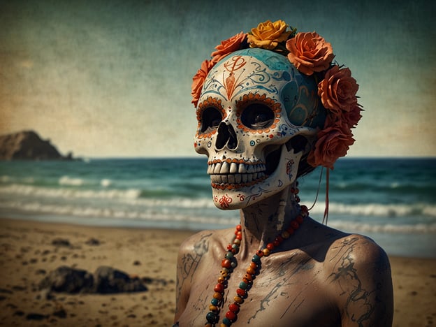 Auf dem Bild ist eine aufwendig dekorierte Menschenfigur zu sehen, die einen Totenschädel darstellt. Dieser ist mit bunten Mustern und Blumen geschmückt. Die Figur steht am Playa de los Muertos, einem Ort, der je nach Legende als Verbindung zwischen den Lebenden und den Toten gilt.Die Legenden des Playa de los Muertos erzählen von einer spirituellen Reise und der Feier des Lebens, wofür der Totenkult eine bedeutende Rolle spielt. Die bemalte Skulptur symbolisiert Tradition und Erinnerung an die Verstorbenen, während die schönen Blumen Hoffnung und den Kreislauf des Lebens darstellen. Der Strand im Hintergrund, mit dem sanften Wellenrauschen, verstärkt die Atmosphäre des Gedenkens und der Ehrfurcht vor den Ahnen.