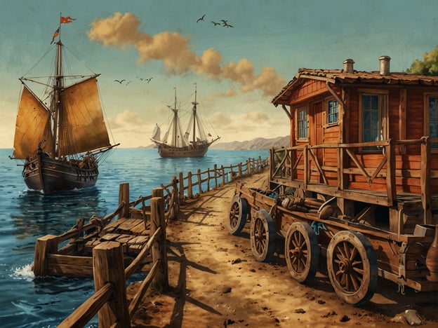 Auf dem Bild ist eine malerische Küstenlandschaft mit zwei Segelschiffen zu sehen, die im Wasser liegen. Am Ufer steht ein Holzhaus, und ein Steg führt zu einer kleinen Anlegestelle. Diese Szenerie erinnert an eine historische Küstenstadt, die möglicherweise im Zeitalter der Entdeckungen verortet werden kann.Historisch betrachtet spielte der Strand eine zentrale Rolle in der Entwicklung der Handelsrouten und der Seefahrt. Küstenorte wurden oft zu wichtigen Handelszentren, wo Waren, Kulturen und Ideen austauschten. Der Hafen diente nicht nur dem Warenaustausch, sondern auch als Ausgangspunkt für Entdeckungsreisen und militärische Expeditionen. Die Kombination aus Wassertiefe und Schutz brachte Seefahrer in diese Gebiete, was zur Entstehung von Städten und Handel und somit zu wirtschaftlichem Wachstum führte. Darüber hinaus war der Strand oft ein Ort der Begegnungen, an dem verschiedene Kulturen aufeinandertrafen.