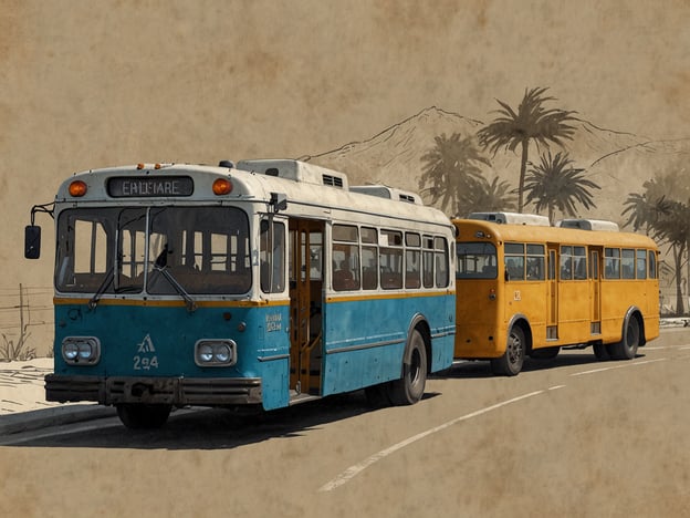 Auf dem Bild sind zwei alte Omnibusse zu sehen, einer in blauer und einer in gelber Farbe. Die Busse scheinen auf einer Straße in einer landschaftlichen Umgebung zu parken, die von Palmen und Bergen umgeben ist.Für die Anreise nach Támara könnten solche Omnibusse ein häufiger Transportweg sein, um die Stadt zu erreichen. Die Zugänglichkeit hängt zudem von den Fahrplänen und der Infrastruktur der öffentlichen Verkehrsmittel ab, sodass Reisende diese Informationen im Voraus prüfen sollten.