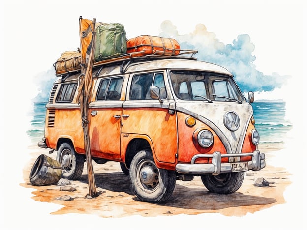 Auf dem Bild ist ein orange-weißer VW-Bus zu sehen, der an einem Sandstrand steht. Besucher könnten folgende Aktivitäten unternehmen:1. **Strandpicknick**: Genießen Sie ein Picknick direkt am Strand mit Snacks und Getränken.2. **Camping**: Übernachten Sie im VW-Bus und erleben Sie ein Abenteuer im Freien.3. **Strandspaziergänge**: Machen Sie einen Spaziergang entlang des Wassers und genießen Sie die Natur.4. **Fotografie**: Nutzen Sie die malerische Kulisse, um Fotos zu machen.5. **Wassersport**: Versuchen Sie Aktivitäten wie Schwimmen oder Surfen, wenn die Bedingungen stimmen.Diese Möglichkeiten bieten eine großartige Gelegenheit, die Umgebung zu genießen und aktiv zu sein!