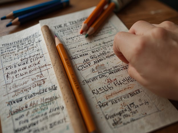 Auf dem Bild sind eine Hand, die auf eine beschriebene Seite in einem Notizbuch schreibt, sowie einige Buntstifte zu sehen. Die Seiten scheinen Notizen oder Übungen zu enthalten, möglicherweise in verschiedenen Sprachen oder über Sprachlernen.Um zusätzliche Wörter effektiv zu erlernen, könntest du folgende Methoden ausprobieren:1. **Kontextualisierung**: Versuche, neue Wörter in Sätze einzubauen. Dies hilft, die Bedeutung besser zu verstehen.2. **Wiederholung**: Regelmäßiges Wiederholen ist entscheidend für das Behalten neuer Vokabeln.3. **Karten erstellen**: Nutze Karteikarten mit einem Wort auf der einen und der Übersetzung auf der anderen Seite.4. **Visualisierung**: Bilder oder Diagramme nutzen, um Wörter mit Bedeutungen zu verknüpfen.5. **Spiele**: Wörter in Spiele integrieren (z. B. Wortfindung oder Kreuzworträtsel), um das Lernen unterhaltsam zu gestalten.Durch diese Methoden kannst du deinen Wortschatz effektiv erweitern.