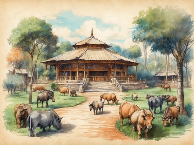 Auf dem Bild ist eine malerische Landschaft mit einem großen, traditionellen Gebäude im Hintergrund zu sehen. Vor dem Gebäude grasen mehrere Tiere, darunter Kühe und vielleicht einige Wasserbüffel. Die Umgebung ist grün und freundlich, mit Bäumen und einem sanften Weg, der durch die Szenerie führt.Die Geschichte des Tierparks könnte mit der Entwicklung solcher Orte für die Tierhaltung und -beobachtung beginnen. In vielen Kulturen wurden Tiere in besonders gestalteten Anlagen gehalten, um das Interesse der Öffentlichkeit zu fördern und das Wissen über verschiedene Tierarten zu verbreiten. Diese Parks bieten nicht nur Erholung, sondern auch Bildungsangebote, um das Bewusstsein für den Naturschutz zu schärfen und den Menschen die Wichtigkeit von Tieren und ihrer Lebensräume näherzubringen. Solche Landschaften könnten auch für die Zucht seltener oder gefährdeter Arten genutzt werden, was eine wichtige Aufgabe vieler moderner Tierparks ist.