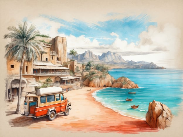 Auf dem Bild ist eine malerische Küstenlandschaft zu sehen. Die Szenerie zeigt einen schönen Strand mit feinem, orangefarbenem Sand und türkisblauem Wasser. Im Vordergrund steht ein vintage Lastwagen, der eine einladende Atmosphäre schafft.Aktivitäten, die hier stattfinden könnten, sind:1. **Schwimmen und Schnorcheln**: Das klare Wasser lädt zum Baden ein.2. **Bootsfahren**: Mehrere kleine Boote schwimmen auf dem Wasser, was möglicherweise Bootsausflüge oder Angelausflüge bedeutet.3. **Erkundungstouren**: Die angrenzenden Berge und Felsen sind perfekt für Wanderungen und Erkundungen.4. **Relaxen am Strand**: Die Umgebung bietet ideale Bedingungen, um am Strand zu entspannen und die Natur zu genießen.5. **Kulturelle Erlebnisse**: Die historische Architektur im Hintergrund könnte Möglichkeiten für kulturelle Besichtigungen und lokale Märkte bieten.Insgesamt vermittelt das Bild ein Gefühl von Ruhe und Abenteuer in einer tropischen Umgebung.