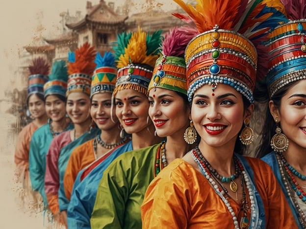 Auf dem Bild sind mehrere Frauen in traditioneller Kleidung mit bunten Kopfbedeckungen zu sehen. Diese Darstellungen reflektieren kulturelle Vielfalt und Traditionen, die unter anderem in verschiedenen Regionen Asiens verwurzelt sind. Die leuchtenden Farben und die kunstvollen Accessoires könnten mit Festen oder Zeremonien verbunden sein, die in diesen Kulturen eine wichtige Rolle spielen.Die Frauen lächeln, was Freundlichkeit und Gemeinschaft symbolisieren kann. Solche kostümierten Anlässe fördern das Bewusstsein und den Respekt für unterschiedliche kulturelle Ausdrucksformen und zeigen den Reichtum an Bräuchen und Traditionen, die in unserer globalisierten Welt koexistieren.