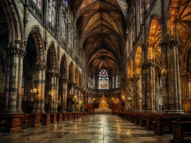 Auf dem Bild ist ein beeindruckendes Innenansicht einer gotischen Kirche oder Kathedrale zu sehen. Die hohen, gewölbten Decken und die kunstvollen Säulen verleihen dem Raum eine majestätische Atmosphäre. Bunte Kirchenfenster aus Glas filtern das Licht und schaffen eine mystische Stimmung.In der Geschichte von León könnte diese Kirche möglicherweise die Kathedrale von León darstellen, die für ihre beeindruckende gotische Architektur bekannt ist. Sie ist ein bedeutendes Bauwerk, das die Geschichte und Kultur der Stadt widerspiegelt. Die Architektur könnte Gläubige und Besucher anziehen und als Ort des Gebets sowie für kulturelle Veranstaltungen dienen.