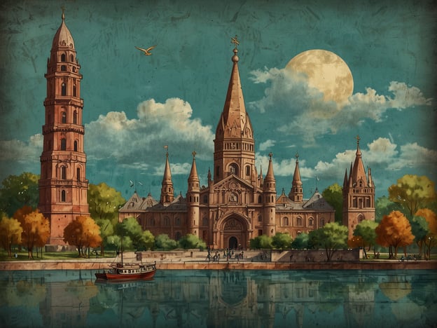Auf dem Bild ist eine malerische Stadtansicht zu sehen, die von einem ruhigen Gewässer geprägt ist. Im Vordergrund schwimmt ein Boot, während am Ufer Menschen spazieren gehen. Die Architektur der Gebäude zeigt eine Mischung aus gotischen und romanischen Stilelementen, was auf eine historische Bedeutung der Stadt hinweist.Besonders auffällig sind der hohe Kirchturm und die zahlreichen spitzen Türme, die typisch für viele europäische Kirchen und Kathedralen sind. Die bunten Bäume im Vordergrund deuten auf eine idyllische Umgebung hin, in der Natur und Kultur harmonisch miteinander verbunden sind. Solche Szenen sind oft in romantischen Darstellungen europäischer Städte zu finden, die das kulturelle Erbe und die historische Pracht rekapitulieren.Insgesamt vermittelt das Bild eine ruhige, nostalgische Atmosphäre, die den Betrachter in eine andere Zeit entführt.
