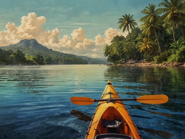 Auf dem Bild ist ein Kajak zu sehen, das auf ruhigem Wasser paddelt, umgeben von tropischen Pflanzen und einem Vulkan im Hintergrund, der Ometepe darstellt.Auf Ometepe gibt es viele Abenteuer und Aktivitäten, die man erleben kann. Man könnte Kajak fahren, um die beeindruckende Natur aus der Nähe zu erkunden. Zudem sind Wandertouren auf die Vulkane, wie den Concepción oder den Maderas, sehr beliebt, und bieten atemberaubende Ausblicke. Natürlich kann man auch die üppige Tierwelt bei Vogelbeobachtungen entdecken oder in heißen Quellen entspannen. Ometepe ist ideal für Naturliebhaber und Abenteuerlustige!