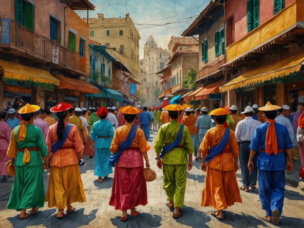 Auf dem Bild sind Menschen in traditionellen, bunten Kleidern zu sehen, die eine Straße entlanggehen. Die Farben der Kleidung und die traditionellen Hüte zeugen von einer lebendigen Kultur, die vermutlich zu einer Gemeinschaft auf einer tropischen Insel gehört.Die Szene könnte ein Fest oder eine Veranstaltung darstellen, die die kulturellen Bräuche und den Gemeinschaftsgeist der Inselbewohner feiert. Solche Feste sind oft geprägt von Musik, Tanz und kulinarischen Köstlichkeiten und stärken die sozialen Bindungen innerhalb der Gemeinschaft. Die Architektur im Hintergrund spiegelt ebenfalls den kulturellen Einfluss der Region wider, was auf eine reiche Geschichte und ein starkes Gemeinschaftsgefühl hinweist.