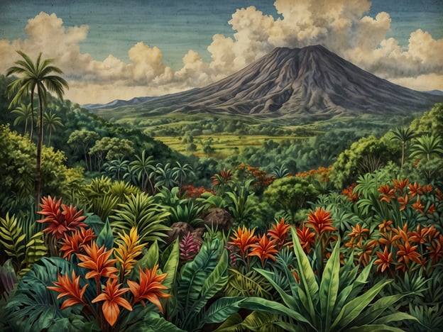 Auf dem Bild ist eine üppige Landschaft rund um einen Vulkan zu sehen. Im Vordergrund wachsen verschiedene tropische Pflanzen, darunter bunte Blumen in leuchtenden Farben wie Rot und Orange. Diese könnten Vertreter aus der Familie der Ingwergewächse oder Helikonien sein, die typischerweise in vulkanischen Regionen gedeihen.Im Hintergrund erhebt sich der Vulkan majestätisch, umgeben von grünen Hügeln und dichten Wäldern. Die Flora ist üppig und vielfältig, was auf die fruchtbaren Böden hindeutet, die vulkanische Aktivitäten schaffen. Palmen und andere tropische Bäume verleihen der Szene ein exotisches Flair, während die Wolken über dem Vulkan eine dramatische Atmosphäre schaffen.Diese Landschaft zeigt das Zusammenspiel von Flora und Fauna in einem dynamischen Ökosystem, das durch vulkanische Aktivitäten geprägt ist.