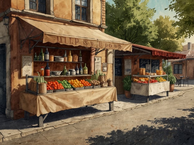 Auf dem Bild ist ein malerischer Markt zu sehen, der einladend mit frischen, bunten Lebensmitteln geschmückt ist. Die Stände bieten eine Vielzahl von kulinarischen Highlights:- **Frisches Obst und Gemüse:** Saftige Tomaten, vielfältige Zitrusfrüchte und knackige Salatbestandteile könnten hier angeboten werden, perfekt für regionale Salate und frische Säfte.- **Käse und lokale Delikatessen:** Auf einem der Stände sind verschiedene Käsesorten zu sehen, die typisch für die regionale Küche sind und ideal für ein rustikales Picknick oder eine Käseplatte wären.- **Hausgebackenes Brot:** Mit großer Wahrscheinlichkeit sind auch frische Backwaren vorhanden, die die perfekte Ergänzung zu einer Vielzahl von Gerichten bieten.Dieser Markt strahlt eine einladende Atmosphäre aus und ist ein großartiger Ort, um lokale Spezialitäten und frische Produkte zu entdecken.