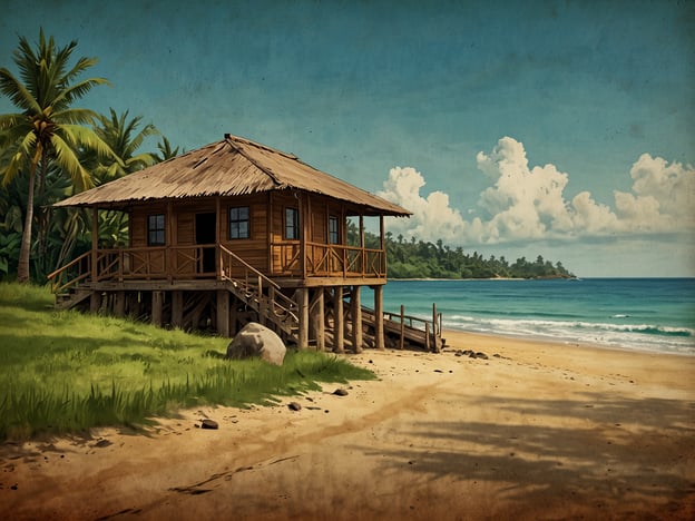 Auf dem Bild ist ein Holzhaus zu sehen, das auf Stelzen gebaut ist und direkt am Strand steht. Umgeben wird es von grünen Palmen und einem schönen, blauen Wasser des Meeres.### Praktische Reisetipps für Deinen Aufenthalt:1. **Sonnenschutz nicht vergessen**: Trage Sonnencreme auf, um dich vor Sonnenbrand zu schützen, besonders wenn du viel Zeit am Strand verbringst.2. **Genug Wasser mitnehmen**: Halte dich hydratisiert, besonders bei warmem Wetter. Eine wiederverwendbare Wasserflasche ist ideal.3. **Lokale Küche ausprobieren**: Nutze die Gelegenheit, lokale Spezialitäten in den nahegelegenen Restaurants oder Märkten zu probieren.4. **Aktivitäten planen**: Erkundige dich nach Wassersportmöglichkeiten wie Schnorcheln, Kajakfahren oder Surfing, um deinen Aufenthalt abwechslungsreich zu gestalten.5. **Sicherheit beachten**: Achte auf die Gezeiten und informiere dich über die Sicherheitsbedingungen für Schwimmer und andere Aktivitäten am Strand.6. **Respektiere die Natur**: Hinterlasse keine Abfälle am Strand und respektiere die lokale Flora und Fauna.7. **Kulturelle Etikette**: Informiere dich über lokale Bräuche und Traditionen, um respektvoll gegenüber der Kultur der Region zu sein.Viel Spaß bei deinem Aufenthalt!