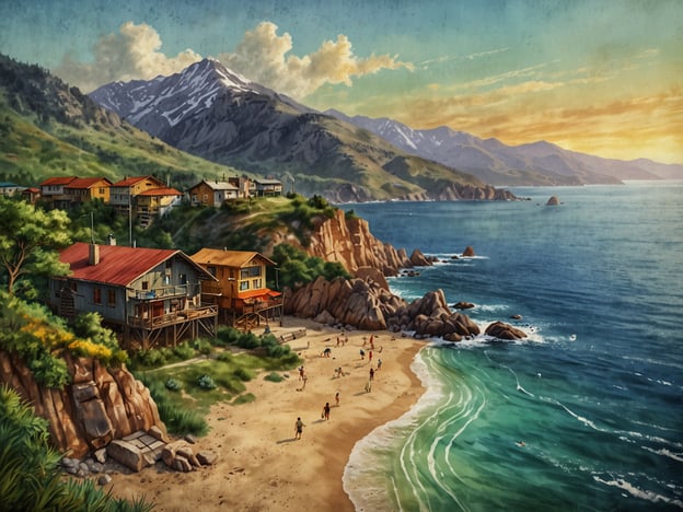 Auf dem Bild ist eine malerische Küstenlandschaft zu sehen, mit Blick auf einen Strand, der von Felsen und sanften Wellen umgeben ist. Es gibt mehrere Häuser auf einem Hügel, die typisch für ein Erholungsgebiet sind. Einige Aktivitäten, die man hier unternehmen könnte, sind:- **Schwimmen**: Das klare Wasser lädt zum Baden ein.- **Strandspaziergänge**: Die sandy Küste eignet sich hervorragend für entspannte Spaziergänge.- **Picknicken**: Man könnte eine gemütliche Zeit am Strand mit einem Picknick verbringen.- **Klettern**: Die Felsen bieten Möglichkeiten für kleines Klettern oder Erkundung.- **Sonnentanken**: Entspannen im Sand und die Sonne genießen ist eine beliebte Freizeitbeschäftigung.Die Umgebung ist ideal für Erholung und Freizeitaktivitäten in der Natur!
