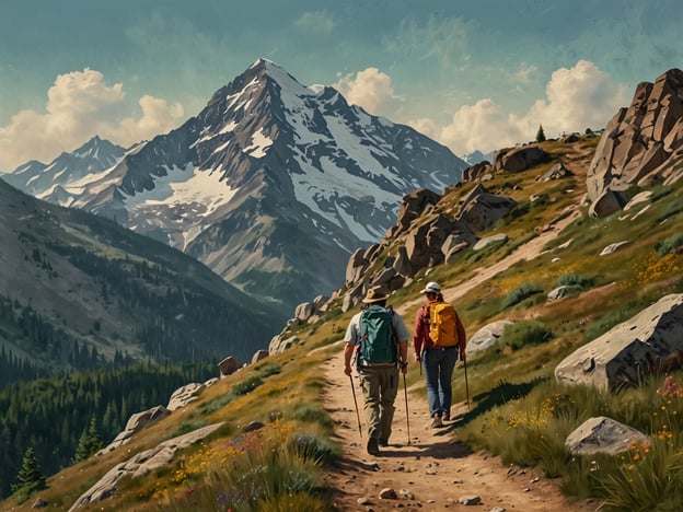 Auf dem Bild sind zwei Wanderer zu sehen, die auf einem schmalen Weg in den Bergen unterwegs sind. Die Umgebung ist geprägt von einer beeindruckenden Berglandschaft mit schneebedeckten Gipfeln und üppigem Grün. Die beiden Personen tragen Wanderausrüstung und sind mit Rucksäcken ausgestattet, was sie als erfahrene Wanderer kennzeichnet.**Der Weg zum Gipfel: Anreise und Orientierung**: Um sicher ans Ziel zu gelangen, ist es wichtig, die passende Route zu wählen und sich entsprechend vorzubereiten. Dazu gehören die gründliche Planung der Anreise, die Berücksichtigung von Wetterbedingungen und die Verwendung von Karten oder GPS-Geräten zur Orientierung. Zudem sollten die Wanderer auf dem ausgewiesenen Pfad bleiben, um die natürliche Umgebung zu schonen und sich nicht zu verlaufen.