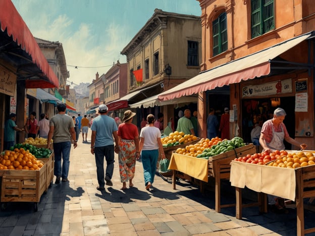 Auf dem Bild ist eine lebhafte Szene eines traditionellen Marktes zu sehen. Die Straße ist gesäumt von Verkaufsständen, die frisches Obst wie Orangen und Äpfel anbieten. Menschen schlendern durch die Gasse, und es gibt eine gesellige, einladende Atmosphäre. Die farbenfrohen Stände und die historischen Gebäude im Hintergrund schaffen ein charmantes Ambiente, das typisch für traditionelle Märkte ist.Im Gegensatz dazu könnten moderne Shopping-Hotspots, wie große Einkaufszentren oder elegante Boutiquen, eine ganz andere Erfahrung bieten, mit klimatisierten Räumen, einer Vielzahl von Marken und einem fokussierten Einkaufserlebnis. Während traditionelle Märkte oft das Flair und die Gemeinschaft der lokalen Kultur einfangen, sind moderne Shopping-Hotspots auf Bequemlichkeit und Vielfalt ausgelegt.