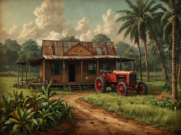 Auf dem Bild ist ein landwirtschaftliches Szenario zu sehen, das an eine Tabakplantage erinnert. In Estelí, Nicaragua, ist die Tabakproduktion eine bedeutende Branche mit einer langen Tradition. Die Region ist bekannt für ihre qualitativ hochwertigen Tabakpflanzen, die für die Herstellung von Zigarren verwendet werden.Tabak wurde in Estelí seit dem 19. Jahrhundert angebaut, und die Region hat sich aufgrund ihrer idealen klimatischen Bedingungen und fruchtbaren Böden zu einem der wichtigsten Tabakanbaugebiete entwickelt. Die Gebäude, wie das im Bild gezeigte, könnten als Wohn- oder Arbeitsräume für Tabakbauern gedient haben. Die Verwendung von Traktoren und anderen landwirtschaftlichen Geräten deutet auf die mechanisierte Landwirtschaft hin, die im Laufe der Zeit in Estelí Einzug gehalten hat, um die Ernte und Verarbeitung des Tabaks zu verbessern.Die Kombination aus traditionellem Anbau und modernen Techniken hat Estelí zu einem Zentrum für exzellente Zigarren gemacht und zur Wirtschaftsblüte der Region beigetragen.