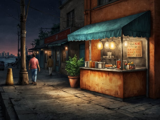 Auf dem Bild ist ein gemütlicher Straßenimbiss zu sehen, der abends beleuchtet ist. Die Atmosphäre wirkt einladend und typisch für viele lokale Essensstände. Hier könnten kulinarische Highlights wie frische Straßenfood-Spezialitäten angeboten werden. Dazu zählen vielleicht gegrillte Spieße, die oft mit einer würzigen Marinade verfeinert sind, oder eine Schüssel mit dampfenden Nudelgerichten, die mit frischen Kräutern garniert werden.Zusätzlich könnte das Angebot regionale Favoriten wie frittierte Teigtaschen oder knusprige Frühlingsrollen umfassen, die perfekt sind, um das nächtliche Stadtleben in vollen Zügen zu genießen. Pflanzen in Töpfen sorgen für ein zusätzliches heimisches Flair, und die beleuchteten Glühbirnen tragen zur gemütlichen Stimmung bei.
