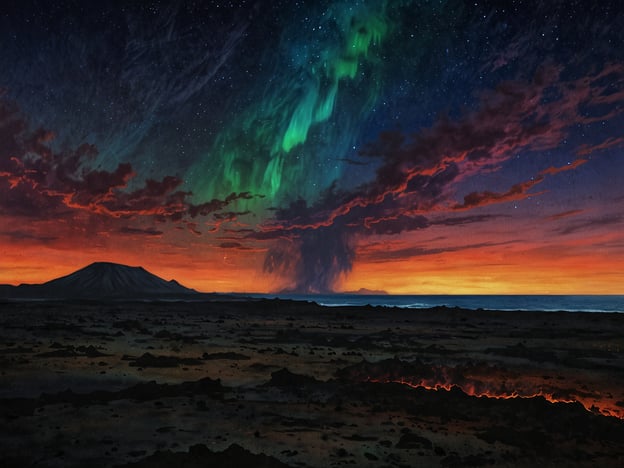 Auf dem Bild ist eine beeindruckende Landschaft zu sehen, die durch eine dramatische Himmelsszenerie mit Nordlichtern und einer stark gefärbten Dämmerung geprägt ist. Im Vordergrund sind dunkle, vulkanische Felsen und möglicherweise Lava zu erkennen. Im Hintergrund erhebt sich ein Vulkan, der die Szene dominiert.
Für atemberaubende Lavabeobachtungen sind die besten Zeiten und Orte:
1. **Island** – Besonders im Sommer, von Juni bis August, wenn die Tage lang sind, sind die besten Gelegenheiten, aktive Vulkane und Lavaflüsse zu beobachten.
2. **Hawaii** – Auf Big Island, insbesondere am Kilauea-Vulkan, kann man oft sprudelnde Lava sehen. Die besten Monate sind Dezember bis April, wenn das Wetter stabiler ist.
3. **Äthiopien** – Der Erta Ale Vulkan bietet spektakuläre Lavabeobachtungen. Die beste Zeit ist während der Trockenzeit von November bis April.
4. **Italien** – Der Ätna und der Vesuv sind ebenfalls gute Orte für Lavaaktivitäten. Die beste Zeit ist im Frühling oder Spätherbst.
5. **Kamikaze, Japan** – Bei Vulkanen wie Sakurajima kann man oft Lava sehen. Die Zeit nach den Regenzeiten, etwa im Oktober, kann sehr attraktiv sein.
Diese Orte bieten nicht nur faszinierende Lavabeobachtungen, sondern auch beeindruckende Landschaften und ein unvergleichliches Naturerlebnis.