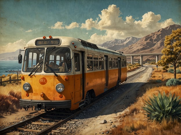 Auf dem Bild ist eine alte Straßenbahn zu sehen, die auf einer aufgelassenen Gleisanlage fährt. Die Lage ist malerisch, mit Küstenblick und Bergen im Hintergrund, die eine ruhige und naturbelassene Umgebung bieten. Die orangefarbene Straßenbahn steht im Kontrast zur sanften Landschaft und den klaren Himmel.Die Anreise zu diesem Ort könnte über eine malerische Route entlang der Küste erfolgen, wo man die Schönheit der Natur genießen kann. Möglicherweise gibt es in der Nähe Wanderwege oder Aussichtspunkte, die einen Blick auf das Meer und die Berge bieten.