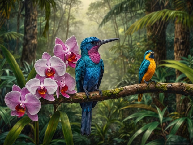 Auf dem Bild sind eine Vielzahl von Elementen zu sehen, die die einzigartige Flora und Fauna der Reserva Natural Miraflor widerspiegeln. Inmitten eines üppigen, tropischen Hintergrunds sitzen zwei farbenfrohe Vögel auf einem Ast. Der linke Vogel hat ein leuchtend blaues Gefieder mit einem auffälligen pinkfarbenen Brustbereich, während der rechte Vogel orange und blau gefärbt ist.Zusätzlich blühen prächtige Orchideen, die typisch für die Region sind und der Darstellung eine weitere farbenfrohe Note verleihen. Diese Kombination von exotischen Vögeln und üppigen Blumen veranschaulicht die Biodiversität und die Schönheit der Natur in der Reserva Natural Miraflor.