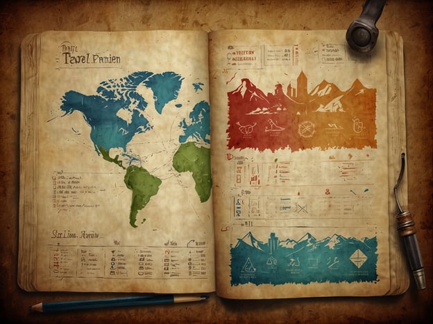 Auf dem Bild ist eine alte, handgezeichnete Karte sowie verschiedene Illustrationen und Notizen zu sehen. Die Karte zeigt die Kontinente in unterschiedlichen Farben und ist wahrscheinlich Teil eines Reisetagebuchs oder eines Expeditionsberichts. Auf der rechten Seite sind Berglandschaften und andere geografische Merkmale abgebildet, begleitet von Symbolen, die möglicherweise bedeutende Orte oder Informationen darstellen.**Besucherinformationen und Tipps:**1. **Kartenstudium:** Wenn Sie reisen, nutzen Sie Karten wie diese, um sich über die Geographie und wichtige Sehenswürdigkeiten der Region zu informieren.2. **Dokumentation:** Halten Sie Ihre Reisen in einem Notizbuch fest, um Erlebnisse und interessante Orte zu verewigen. Skizzieren Sie, was Ihnen auffällt, wie hier gezeigt.3. **Recherche:** Informieren Sie sich über die Gebiete, die Sie besuchen möchten. Die Illustrationen geben Hinweise auf kulturelle oder natürliche Attraktionen.4. **Symbolik verstehen:** Achten Sie auf die Symbole auf der Karte, da sie wichtige Informationen über die Umgebung bieten können, wie z. B. Wanderwege oder Sehenswürdigkeiten.Nutzen Sie diese Tipps, um Ihre Reiseplanung zu optimieren und das Beste aus Ihrem Besuch zu machen!