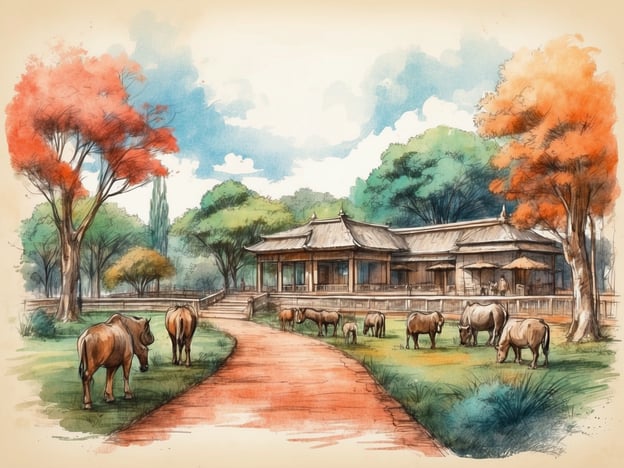 Auf dem Bild ist eine landschaftliche Szenerie eines Tierparks zu sehen, geprägt von sanften Hügeln und einer friedlichen Atmosphäre. Im Vordergrund grasen einige Pferde auf einer grünen Wiese, während im Hintergrund ein asiatisch angehauchtes Gebäude zu erkennen ist, das möglicherweise ein Besucherzentrum oder ein Restaurant darstellt. Die Architektur lässt an die Geschichte von Tierparks und Zoos denken, die oft zur Erhaltung von bedrohten Arten und zur Bildung von Besuchern über die Tierwelt dienen. Die bunten Bäume und der klare Himmel schaffen eine idyllische Kulisse, die Besucher anlockt, die mehr über die Tiere und ihre Lebensräume erfahren möchten.Tierparks haben oft eine lange Geschichte, in der sie als Orte der Erholung und Bildung fungierten, und dieses Bild vermittelt ein Gefühl der Verbundenheit zwischen Mensch und Natur.