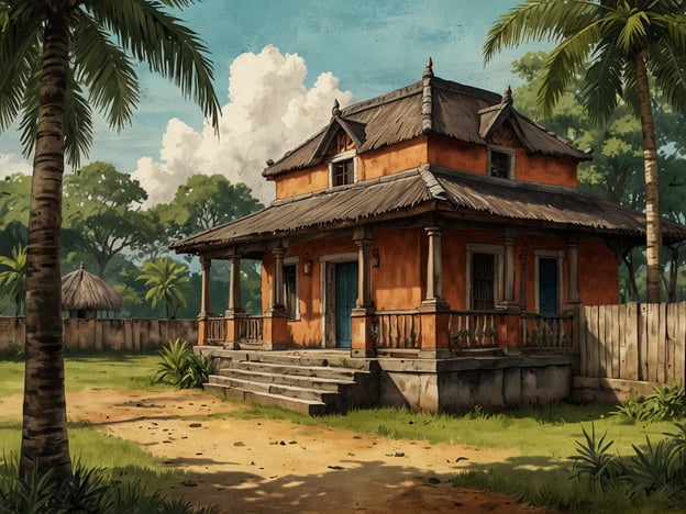 Auf dem Bild ist ein prächtiges, kolonial anmutendes Haus zu sehen, wahrscheinlich inspiriert von der Architektur der Region Chinandega in Nicaragua. Chinandega ist bekannt für seine historische Bedeutung und seine koloniale Architektur, die oft im spanischen Kolonialstil gehalten ist.Das Haus auf dem Bild vermittelt ein Gefühl von Tradition und Geschichte, mit seinen charakteristischen Säulen und dem schattigen Veranda-Bereich. Die Umgebung, die von üppiger Vegetation und Palmen geprägt ist, spiegelt das tropische Klima und die natürliche Schönheit der Region wider.Chinandega hat eine reiche kulturelle Historie, die sowohl von indigenen Völkern als auch von europäischen Einflüssen geprägt ist. Diese Art von Gebäude könnte früher ein bedeutendes Familienhaus oder eine Plantage beherbergt haben, was die wirtschaftliche Bedeutung der Landwirtschaft und des Handels in der Region unterstreicht.
