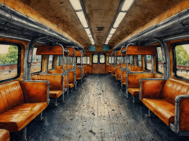 Das Bild zeigt das Innere eines leeren Waggons, vermutlich einer U-Bahn oder Straßenbahn. Die Sitze sind orange, und der Boden wirkt etwas abgenutzt.**Praktische Reisetipps für Deinen Besuch:**1. **Fahrkarten kaufen:** Achte darauf, vor der Fahrt eine gültige Fahrkarte zu erwerben, um Bußgelder zu vermeiden. Viele Städte bieten Apps für den Ticketkauf an.2. **Sicherheitsvorkehrungen:** Halte deine Wertsachen in einer sicheren Tasche und bleibe in belebten Bereichen, besonders in weniger frequentierten Nächten.3. **Fahrzeiten planen:** Plane deine Fahrten im Voraus, um Wartezeiten zu minimieren. Nutze Fahrpläne oder mobile Apps, um die nächsten Abfahrten zu überprüfen.4. **Verhaltensregeln beachten:** Halte respektvollen Abstand zu anderen Fahrgästen und respektiere die Regeln in öffentlichen Verkehrsmitteln, wie z.B. das Platzangebot für Bedürftige.5. **Aussicht genießen:** Wenn möglich, setze dich am Fenster, um die vorbeiziehende Landschaft während der Fahrt zu genießen.