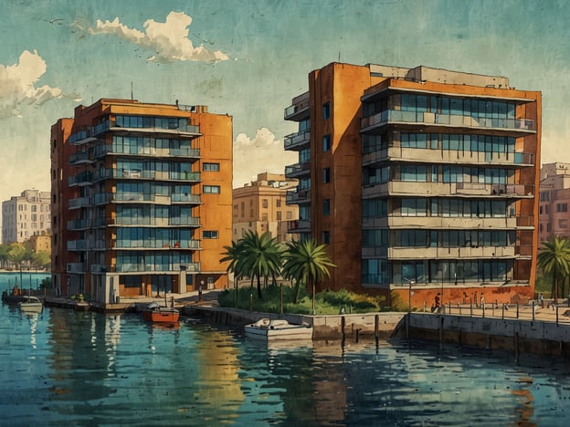 Auf dem Bild sind zwei moderne Wohngebäude zu sehen, die an einem Wasserlauf liegen. Die Architektur der Gebäude ist geprägt von klaren Linien und großen Fensterfronten, die Licht hereinlassen und einen Blick auf die Umgebung bieten. Die Strukturen haben eine orangefarbene Fassade und sind mit Balkonen ausgestattet, die einen Übergang zur Außenwelt schaffen.Im Vordergrund sieht man das Wasser, das die Gebäude reflektiert, sowie einige kleine Boote und einen Gehweg, der von Palmen gesäumt ist. Die Gesamtkomposition vermittelt ein Gefühl von zeitgemäßem urbanem Leben in einer malerischen Umgebung.