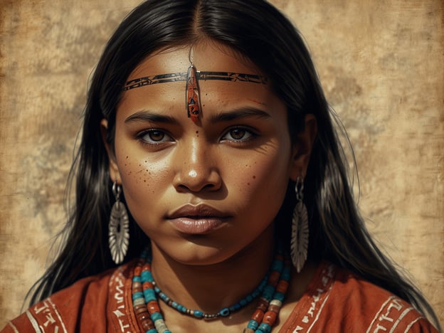 Auf dem Bild ist ein junger Mensch mit indigenen Merkmalen zu sehen, der traditionelle Kleidung und Schmuck trägt. Diese Lebensweise reflektiert oft enge Verbindungen zur Natur und eine tiefe kulturelle Identität. Indigene Gemeinschaften pflegen reiche Traditionen, einschließlich spezifischer Handwerkskunst, spiritueller Bräuche und einer tiefen Wertschätzung für ihre Vorfahren und das Land.Der Schmuck aus Naturmaterialien und die kunstvolle Kleidung können spezifische Bedeutung haben, die sich auf die kulturelle Identität und den sozialen Status innerhalb der Gemeinschaft beziehen. Solche Darstellungen sind oft mit Ritualen und Geschichten verbunden, die die Geschichte und die Werte der indigenen Völker verkörpern.
