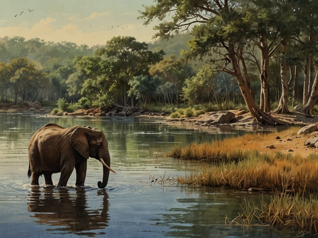 Auf dem Bild ist ein majestätischer Elefant zu sehen, der im ruhigen Wasser eines Reservats steht. Umgeben von üppigem Grün und hohen Bäumen, genießt das Tier ein erfrischendes Bad.In einem solchen Reservat können spannende Abenteuer erlebt werden: Man könnte auf Safari gehen und die Tierwelt hautnah beobachten, die verschiedenen Klangkulissen der Natur wahrnehmen oder einfach die atemberaubende Landschaft genießen. Es gibt geführte Touren, bei denen erfahrene Ranger interessante Erzählungen über die Flora und Fauna teilen und den Besuchern Tipps zum Schutz der Natur geben. Solch ein Erlebnis verbindet Spannung und Bildung und schafft unvergessliche Erinnerungen.
