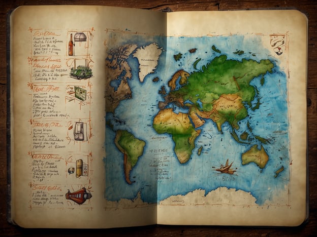 Auf dem Bild ist eine kreativ gestaltete Weltkarte zu sehen, umgeben von handschriftlichen Notizen und Skizzen. Die Karte zeigt verschiedene Kontinente und eine Vielzahl von geographischen Details. Neben der Karte sind Aspekte wie ein Reiseführer oder Ausrüstungslisten abgebildet, die auf Reisen und Abenteuer hindeuten.**Herausforderungen:**Die Verwendung solcher Karten erfordert eine genaue Kenntnis der geographischen Gegebenheiten und kann komplex sein, insbesondere wenn es um Reisen in unbekannte oder wenig erkundete Regionen geht. Umweltveränderungen, geopolitische Spannungen und kulturelle Unterschiede können ebenfalls Herausforderungen darstellen, die bei Reisen berücksichtigt werden müssen.**Zukunftsperspektiven:**In der Zukunft könnten digitale Karten und Technologien wie GPS noch umfangreicher und genauer werden, was das Reisen erleichtert. Gleichzeitig ist eine verstärkte Auseinandersetzung mit Nachhaltigkeit und den ökologischen Auswirkungen von Reisen erforderlich. Zudem könnte die Entdeckung neuer Orte das Bewusstsein für globale Vernetzung und interkulturelle Begegnungen fördern.