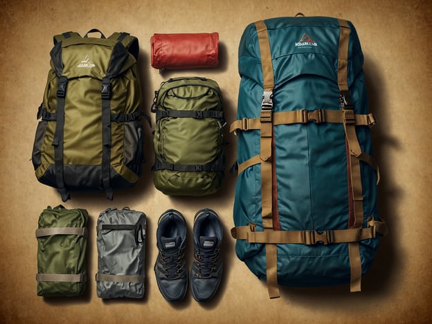 Auf dem Bild sind verschiedene Ausrüstungsgegenstände für die Besteigung des Vulkans Concepción zu sehen. Es gibt mehrere Rucksäcke in verschiedenen Größen, die ideal für Wandern und Bergsteigen sind. Dazu gehören ein großer Rucksack, ein mittelgroßer Rucksack sowie kleinere Taschen. Auch ein paar Wanderschuhe sind abgebildet, die für den Aufstieg geeignet sind. Außerdem sind einige zusammengelegte Ausrüstungsgegenstände oder Schlafsäcke zu sehen, die notwendig sein könnten, um während der Besteigung komfortabel zu campen.