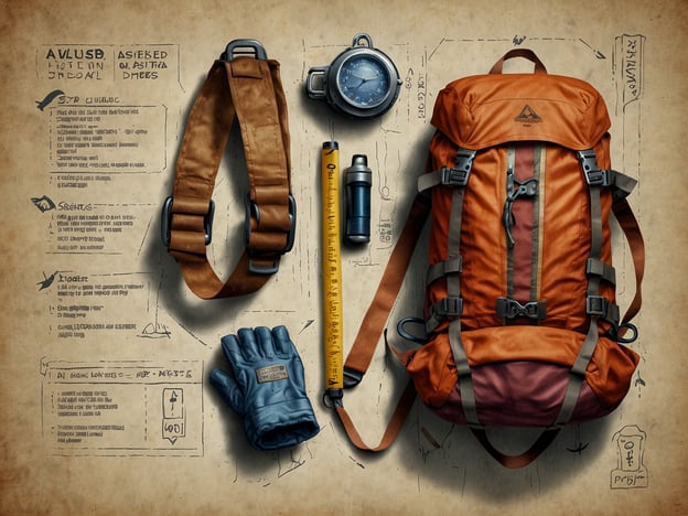 Auf dem Bild ist eine Ausrüstung für das Wandern oder andere Outdoor-Aktivitäten zu sehen. Darunter sind ein Rucksack in Orange und Braun, ein Kompass, eine Wasserflasche, ein Maßband, ein Paar Handschuhe sowie ein Gürtel oder eine Trageschlaufe abgebildet. Im Hintergrund sind skizzierte Anleitungen oder Notizen, die vermutlich technische Details oder Tipps für den Einsatz der Ausrüstung enthalten.
**Tipps für deinen Aufstieg:**
1. **Packe leicht und effizient:** Nimm nur die nötigsten Dinge mit, um dein Gewicht zu minimieren.
2. **Vertraue auf deine Ausrüstung:** Stelle sicher, dass alles gut funktioniert, bevor du losgehst.
3. **Plane deinen Weg:** Informiere dich über die Route, погода und mögliche Gefahren.
4. **Trinke ausreichend Wasser:** Hydration ist wichtig, um geistig und körperlich fit zu bleiben.
5. **Höre auf deinen Körper:** Mache Pausen, wenn du müde bist, und passe dein Tempo an.